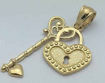 14Kt Yellow Gold Heart Lock with Key to my Heart Charm Pendant