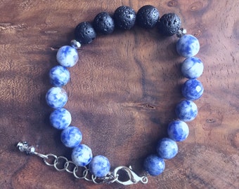 Sodalite and Lava Adjustable Gemstone Bracelet / Festival Jewelry / Beaded / Yoga Bracelet / Stackable / Essential Oil Diffuser / Perfume
