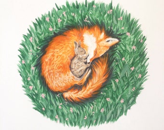 Fox Print, Nursery Art, Fox Art, Nursery Print, Fox and Rabbit Print, Fox Painting, Sleeping Fox, Sleeping Animals, Fox Illustration