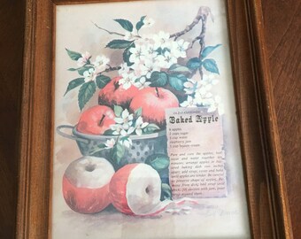 Vintage Framed Apple Picture with Baked Apple Recipe - Wood Frame