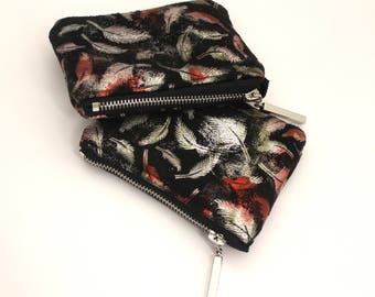 Black metallic feather Coin purse , Bag organiser , Small pouch , small gift