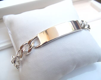 Id tag 925 sterling silver heavy chain bracelet link chain name plate bracelet men women