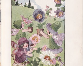 Antique Victorian Art Print-Book Plate-Lithograph-Fairies Planting Flowers-Gardening-Artist Penny Ross-1914