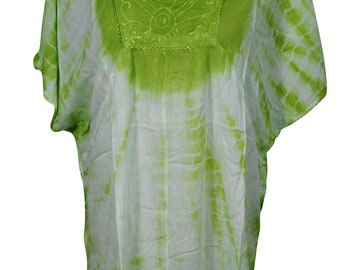 GREEN Tie Dye Cover Up Top Kimono Style Gypsy Boho Chic Summer Fashion Rayon Loose Comfy Blouse Kaftan Top