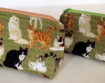 Cat makeup bag, cat zipper pouch, Cat lover gift, makeup bag, toiletry bag, green makeup bag