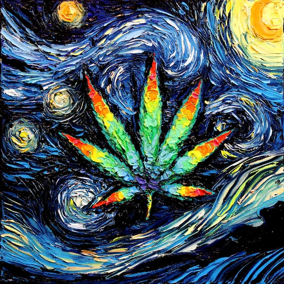 Marijuana Leaf Art Psychedelic Pot Leaf Starry Night print