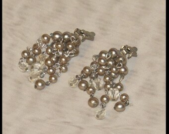 Vintage CRYSTAL and PEARL earrings Clip , Downton Abbey earrings