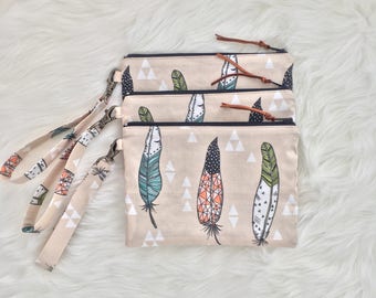 Tribal feather wristlet, feather print fabric