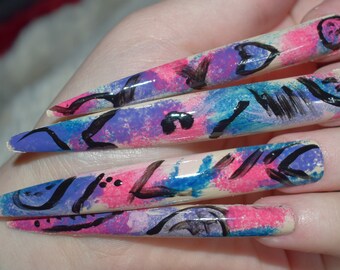 Pink Graffiti Fake Nails, Super Long Stiletto False Nails, Hand Painted And Decorated Press On Nails, Extra Long Nails, Floral Nail Designs