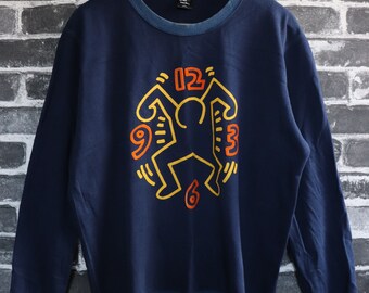 Vintage Keith haring Sweatshirt Velvet print Time Machine Man on Clock by New York Artist Street wear/Gift item/teenager wear Size L