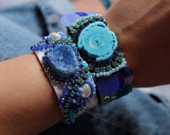 Blue Agate Bracelet Druzy Agate Cuff Bracelet Boho Chic Jewelry Rhinestone Cuff Bracelet Ethnic Jewelry Swarovski Crystal Bracelet Hippie