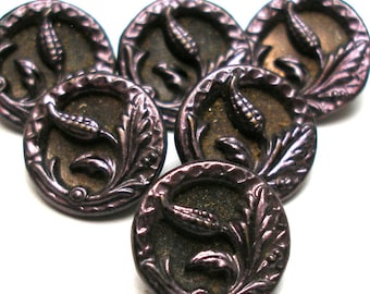 6 Antique metal BUTTONS. Victorian floral design with purple tint. 9/16". unused. Plant life.