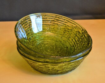 Set of 3 Anchor Hocking SORENO Avocado Green 6" Cereal Bowls, Green Textured Glass