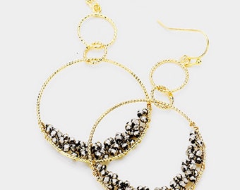 Assorted Colors - Beaded Triple Metal Hoop Link Dangle Earrings