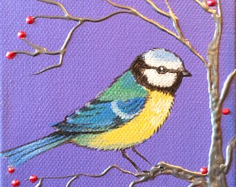 Bluetit and Berries unique original small painting