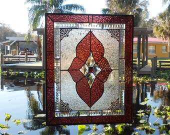Vintage Look Stained Glass Window Panel, Neutral Dusky Rose & Beveled Glass, Stained Glass Transom Window, Traditional Glass Window Valance