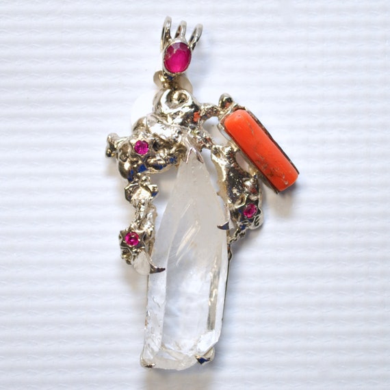Sterling Silver with Coral, Emerald and Rubies Pendant #6502