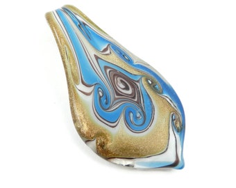 Vintage, Art Glass Pendant, Blue, Gold Tone