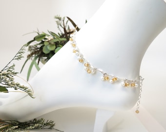 Citrine With Pearls Anklet, November Birthstone, Yellow Gemstone In Sterling Silver, 8 3/4-10 Inches Length, Keira's Crystal Creations