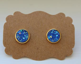 Blue Gold Druzy Earrings, 10mm Druzy, Drusy Earring, Druzy Earrings, Gold Post, Blue Druzy Post, Gold Blue Druzy Earrings, Post Stud Earring