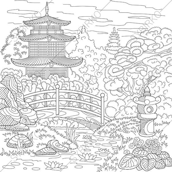 Download Chinese Pagoda. Japanese Garden. Coloring Pages. Coloring book