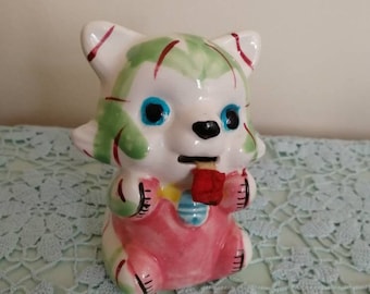 Vintage kitsch rare pink and green gingham cat tape measure ornament 1950s