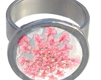 Silver Ring with Pink Queen Ann's Lace Flowers