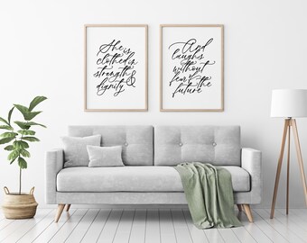 she is clothed in strength and dignity printable · proverbs 31:25 wall decor · living room wall art · calligraphy bible verse · home decor