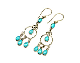 Turquoise and Brass Dangle and Drop Long Earrings Multi Gemstone Earrings Free UK Delivery Gift Boxed BHG1