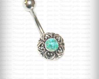 Barre pour piercing de nombril fleur argentée bouton turquoise , nombril bijoux, nombril piercing, bijoux de nombril