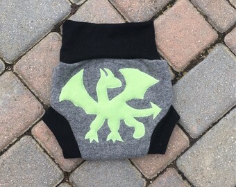 Cloth diaper cover, wool soaker, upcycled shorties, overnight diaper cover - size large - grey and black with a dragon applique