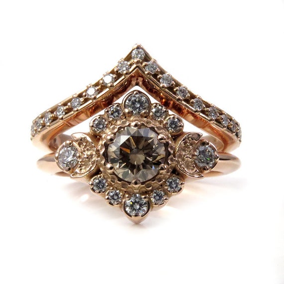 Champagne and White Diamond Engagement Ring Set - Moon Halo Boho Rose Gold