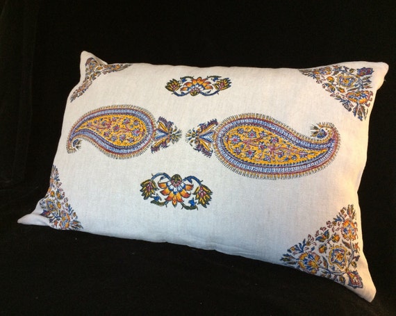 Handmade natural linen pillow, yellow paisley pillow, block printed Irish linen