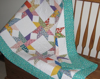 Star Quilted Throw, Scrappy Floral Lap Quilt, 1930s Vintage Look Quilt, Shabby Cottage Chic Quilt, 62 in. x 40 in., Quiltsy Handmade