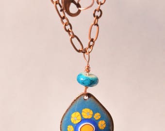 Enameled Copper Drop Pendant Necklace - blue with yellow flowers and blue bead. Kiln Fired. Unique Gift!