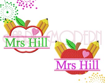 APPLE FOR TEACHER monogram Split Frame Machine Embroidery Design filled and applique' 4x4 5x7 6x8 teacher gift #713