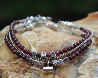 Red Garnet Bracelet - Red Garnet Jewelry - Hill Tribe Silver - Beaded Garnet Bracelet - January Birthstone - Red Bracelet - Gift for Her