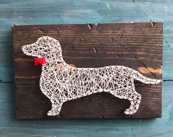Dachshund String Art, Wall Hanging, Gallery Wall, Felt Bow, Rustic Home Decor, custom pet gift, Rustic String Art, Wood Wall Sign, Doxie Art