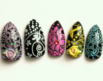 Black and Pastel Flourish Stiletto Nails | Press On Stiletto Nails | 3D Nails | Glue On Acrylic Nails | Black Pastel Fake Nail