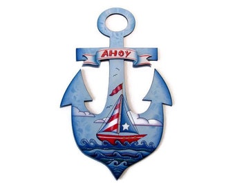 Anchor Shaped Wall Art with Sailboat, Handpainted Wood, Hand Painted Primitive Nautical Home Decor Wall Hanging, Tole Decorative Painting