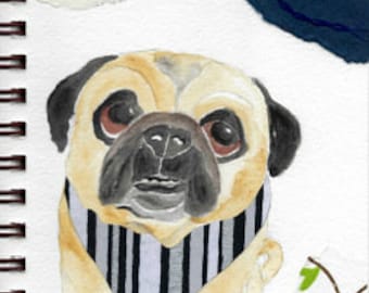 Pug Print - Sketchbook Series - Watercolor & Collage - "Debonair"