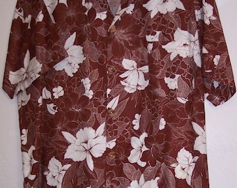 California Shores Shirt M Men's Brown Aloha Hawaiian Floral Hibiscus Button Down
