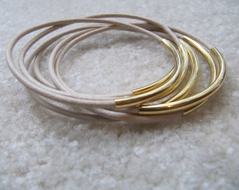 Tan Leather Bangles with Gold Tubes - Set of 6