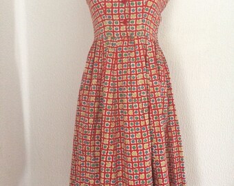 1940s Vintage Red With Floral Print Cotton Dress.