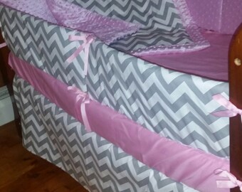 TODAY ONLY***Grey chevron and solid minky 4 piece crib set