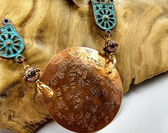 Handmade Hammered Copper Medallion on a Vintage Copper Chain -275V