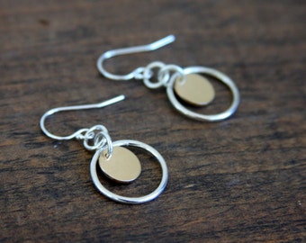 Sterling silver and gold filled circle earrings, earrings, circle earrings, mixed metals, gold filled, silver and gold, everyday jewelry