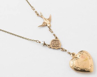 Heart Locket, Locket Necklace in Yellow & Rose Gold Filled with Genuine Pearls, Bird, Flower and Leaf Etched Vintage Jewelry, Wedding Gift