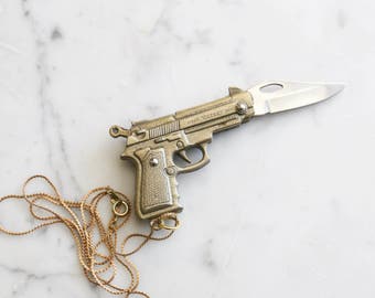 Gun Pocket Knife Necklace: Novelty Brass Pistol Revolver