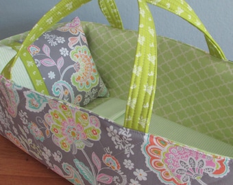 Doll Carrier, Will Fit Bitty Baby and Wellie Wisher Dolls, Paisley with Green Lining, 16 Inches Long, Doll Basket